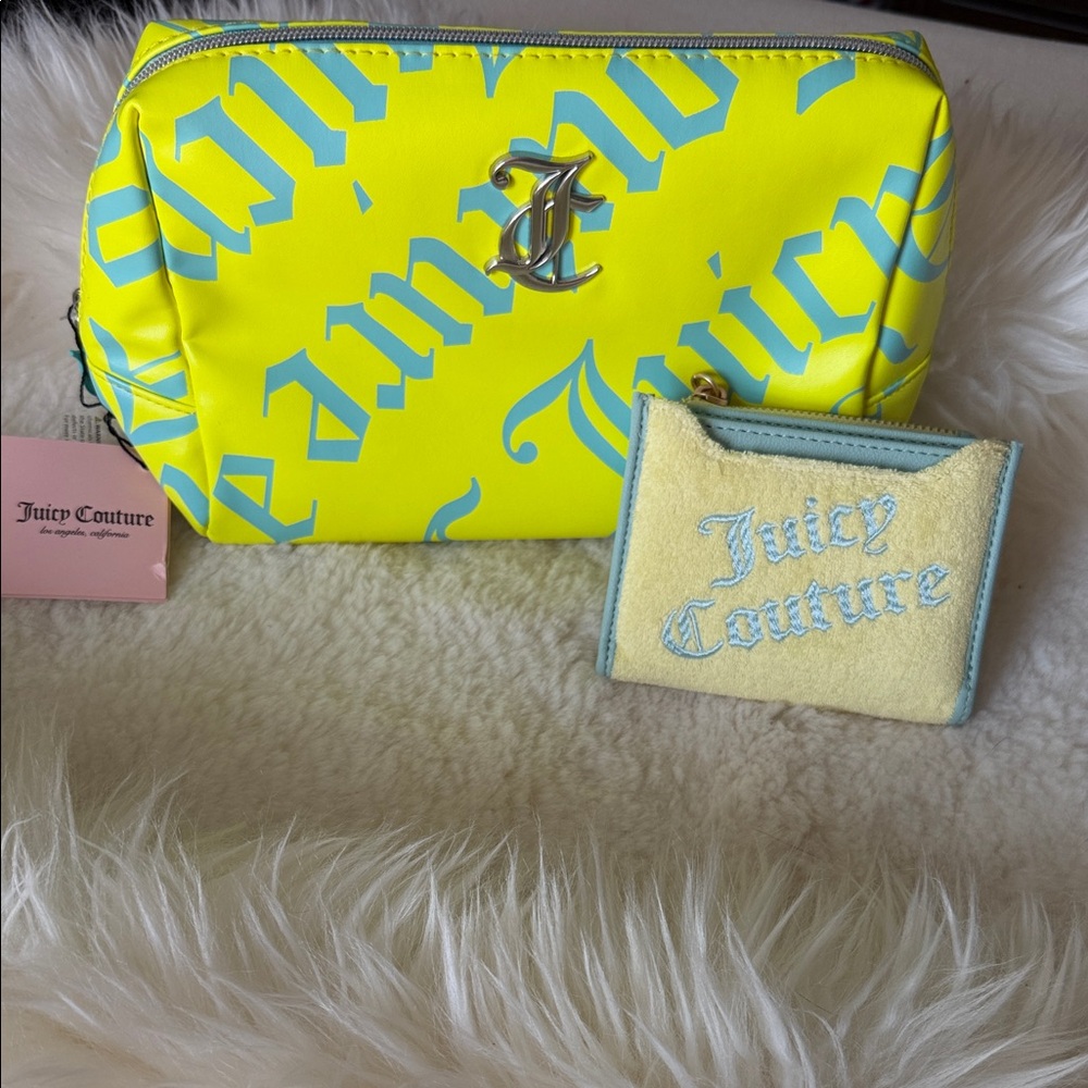 Juicy Couture Neon Yellow & Aqua Logo Cosmetic Pouch with Aqua-Trim Wallet
